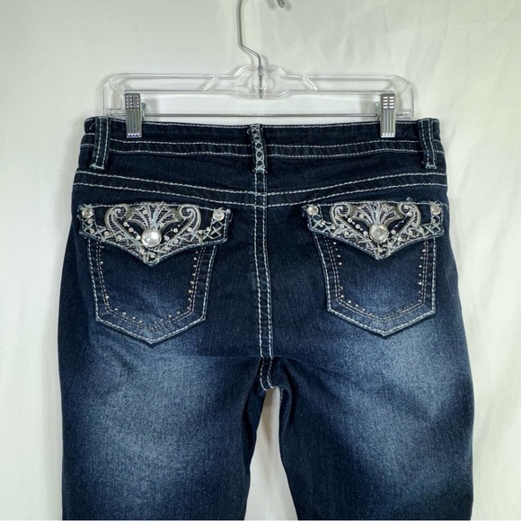 South Pole Dark Wash Rhinestone Bling Flap Pocket Heavy Stitch Bootcut Jeans - Picture 2 of 8